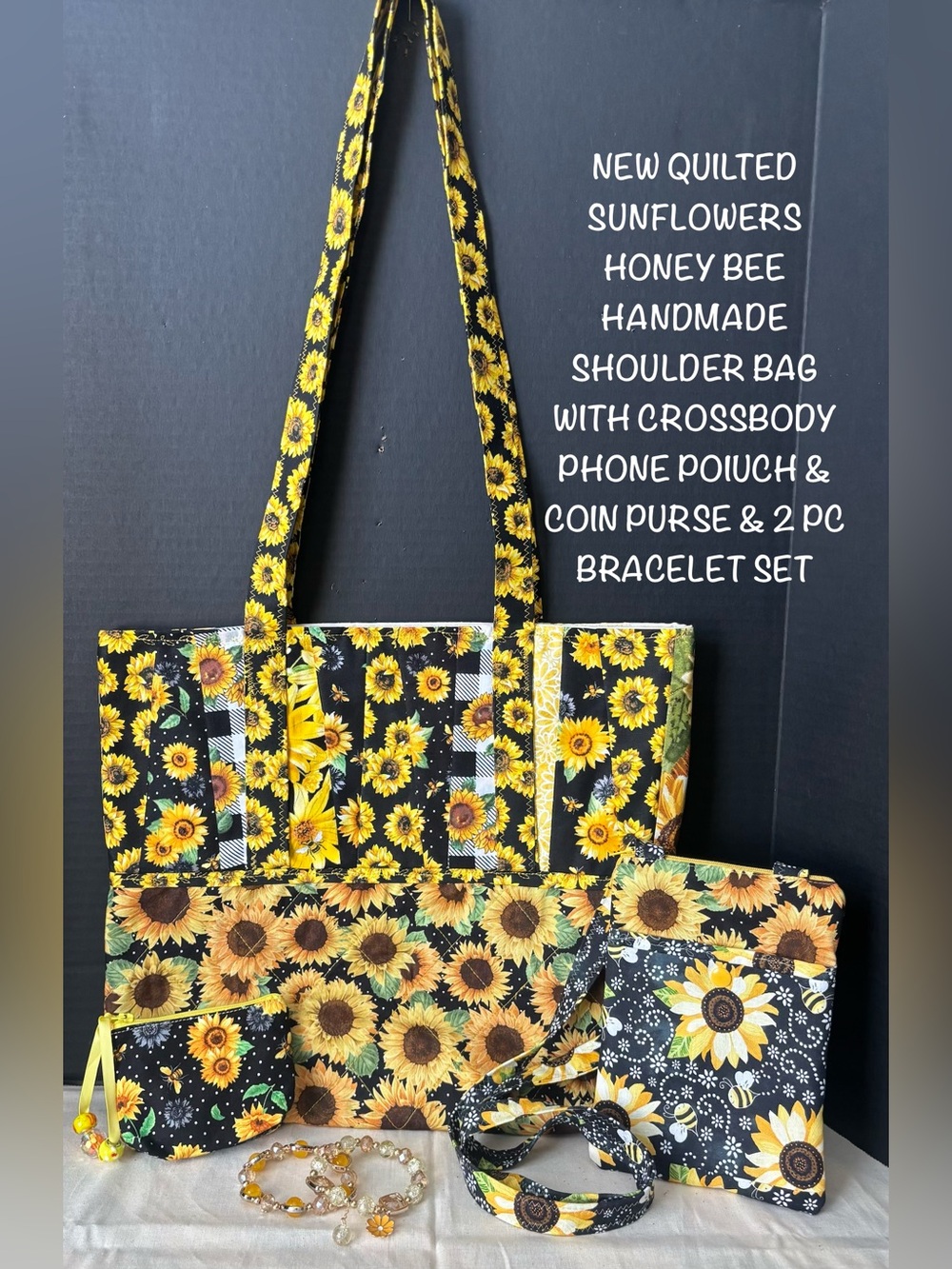 QUILTED SUNFLOWERS HONEYBEE TOTE BAG & PHONE POUCH W/COIN PURSE, 2PC BRACELETS
